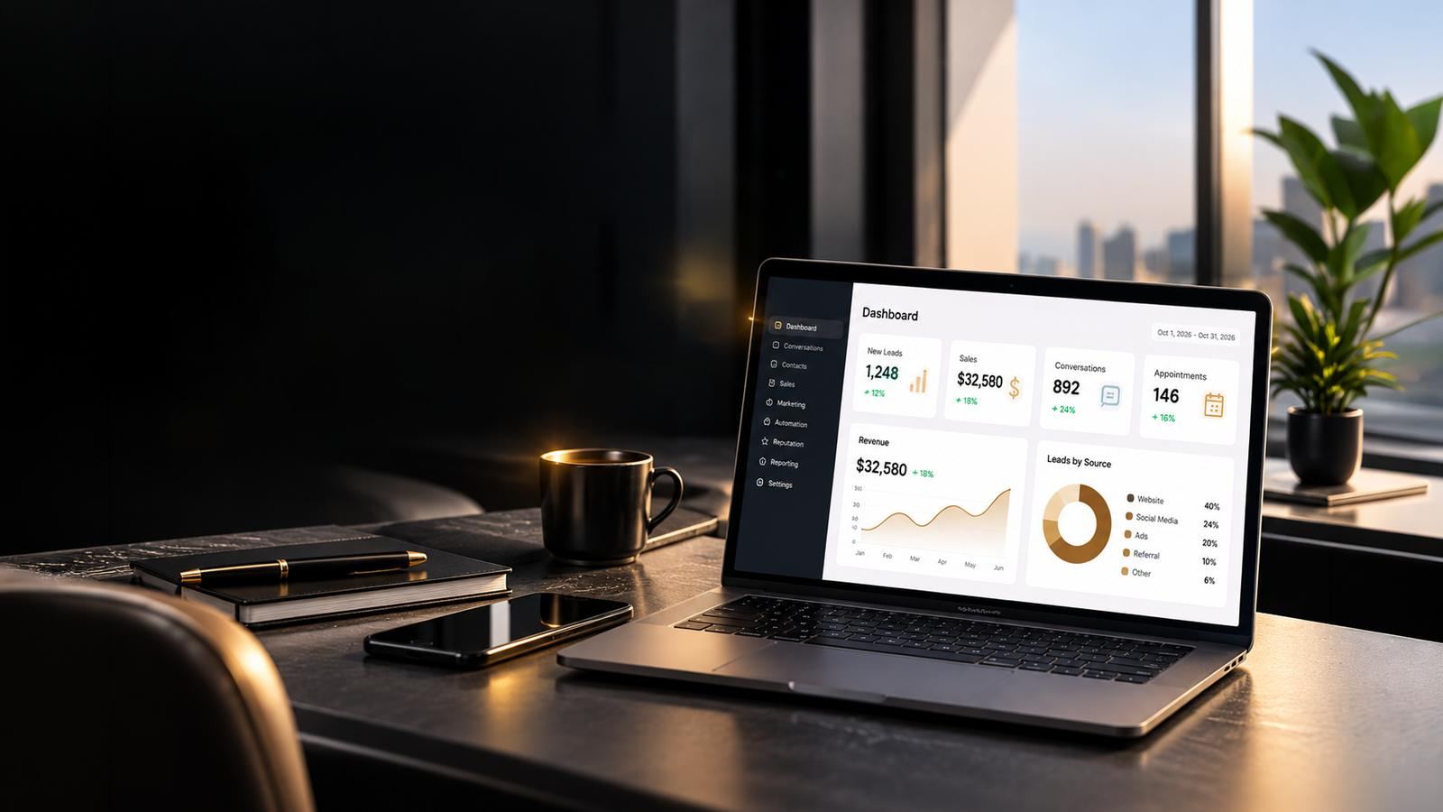 Laptop showing the KITSS CRM dashboard on a desk at golden hour